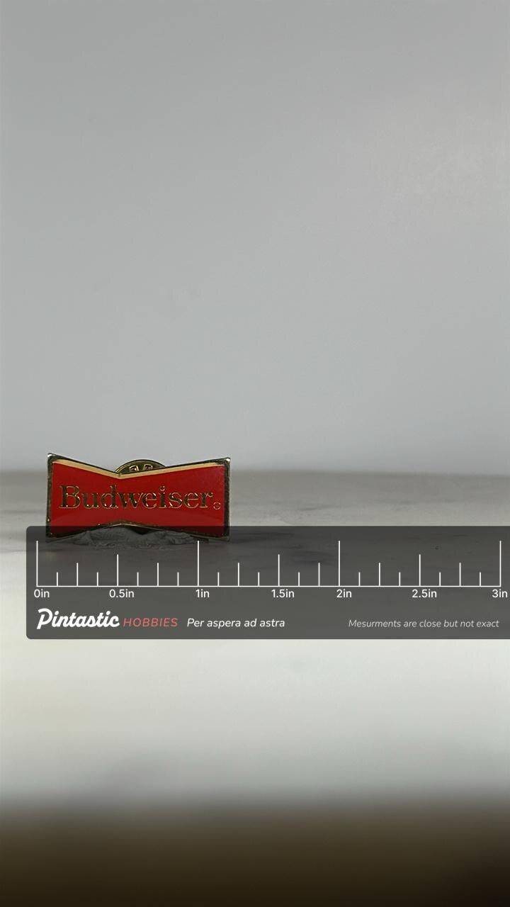 Budweiser Logo Enamel Pin: Red & Gold - Retro Brewery Accessory with ruler overlay for size reference