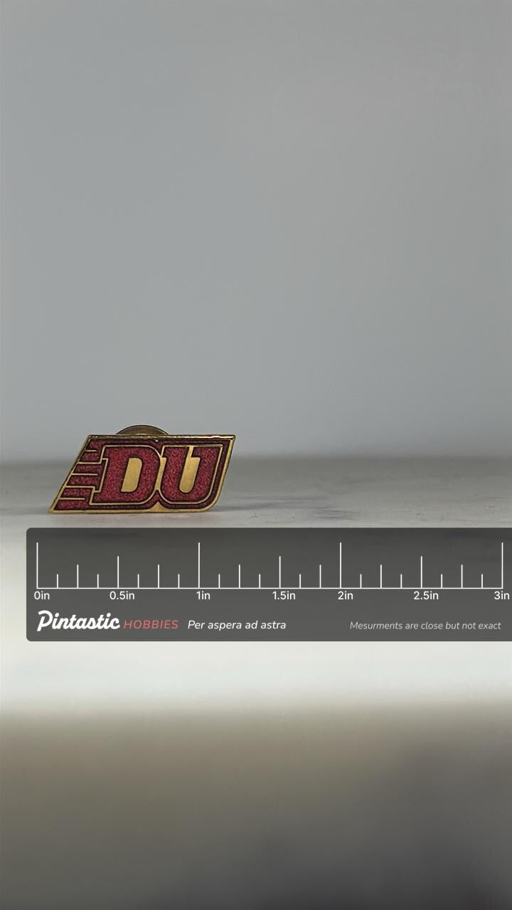 Vintage University of Denver DU Lapel Pin – Red & Gold Enamel Denver Pioneers College Logo Pin with ruler overlay for size re