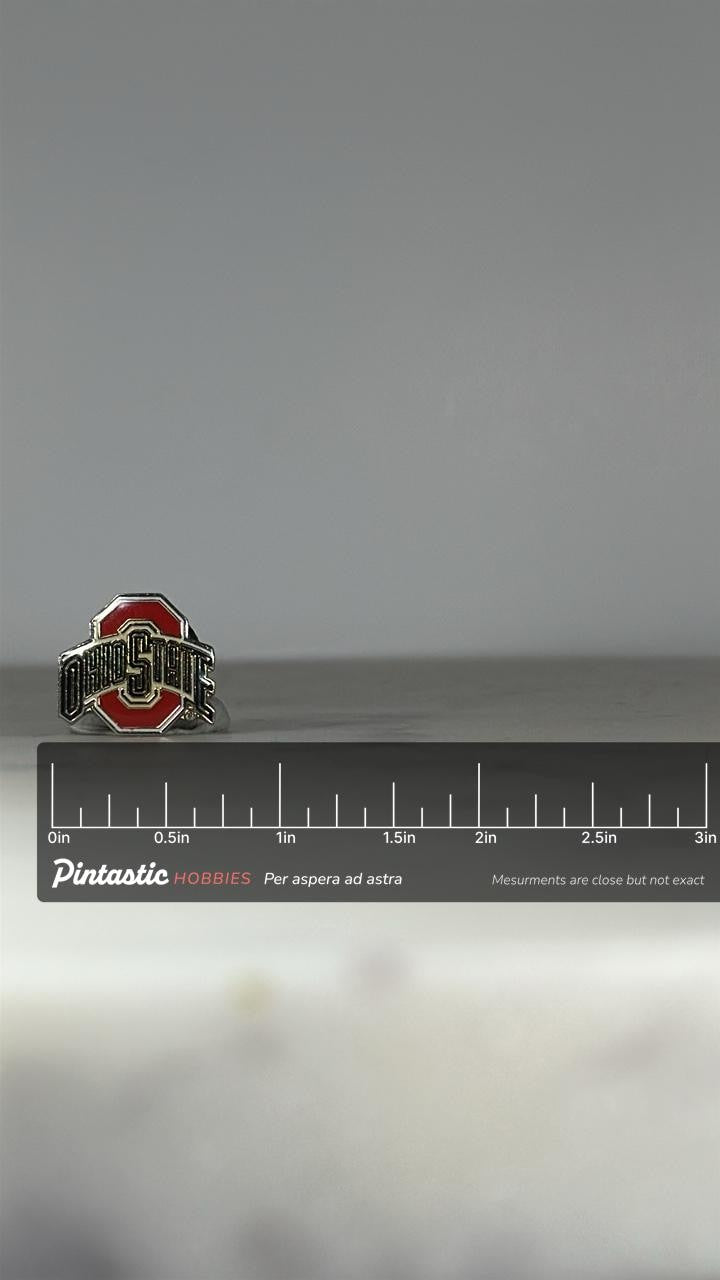 Ohio State Enamel Pin: Red & Silver Logo - Vintage College Accessory with ruler overlay for size reference
