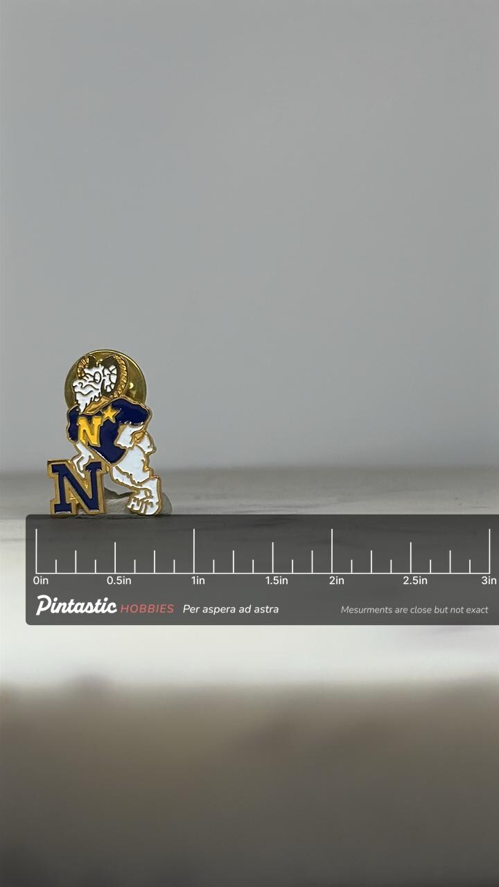 Navy Goat Mascot Enamel Pin: Gold & Blue Finish - Military Accessory with ruler overlay for size reference