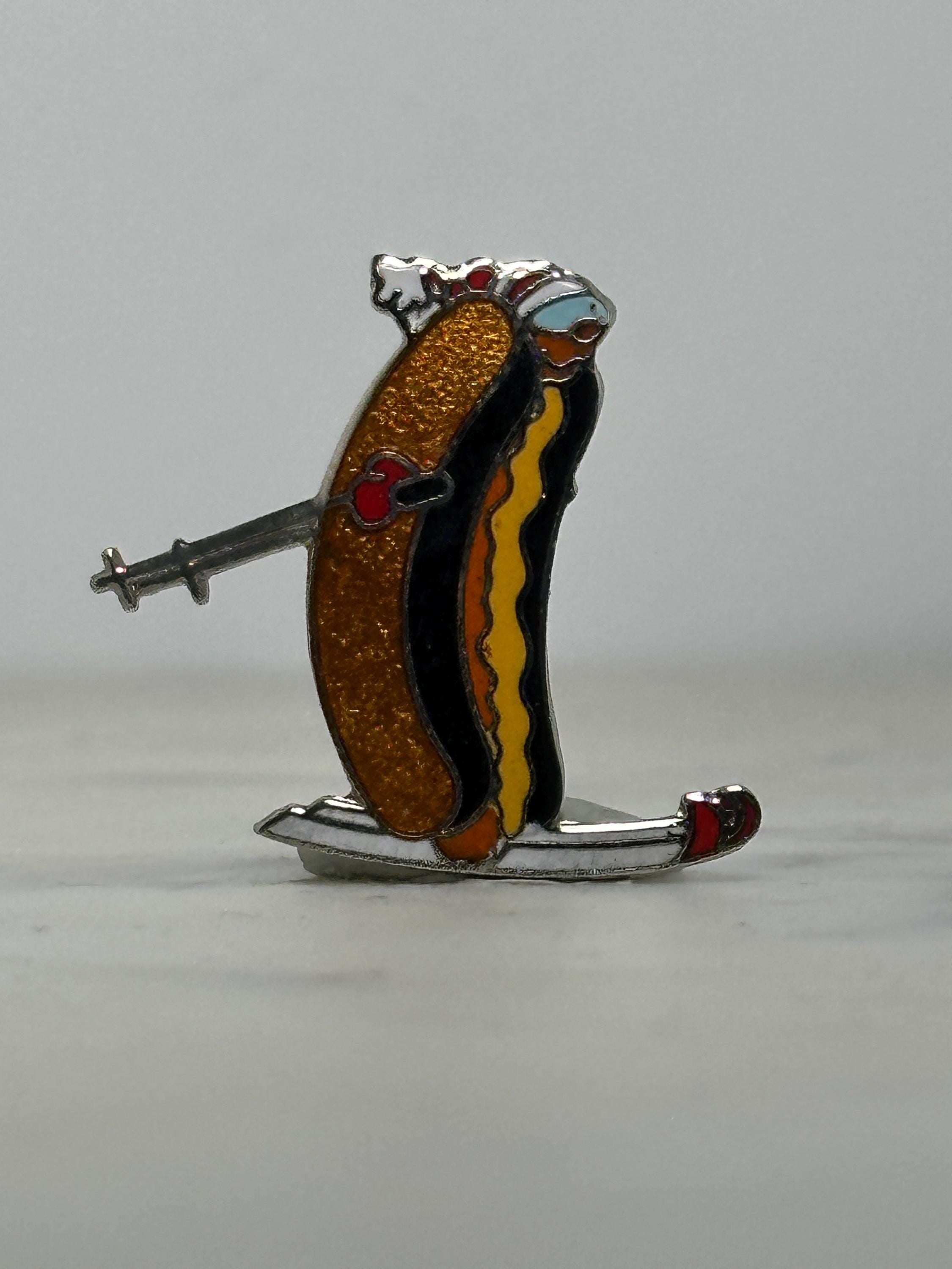 Skiing Hot Dog Enamel Pin: Colorful Cloisonné - Retro Novelty Accessory