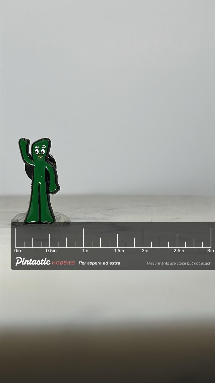 Gumby Enamel Pin: Classic Green Character - Retro TV Accessory with ruler overlay for size reference