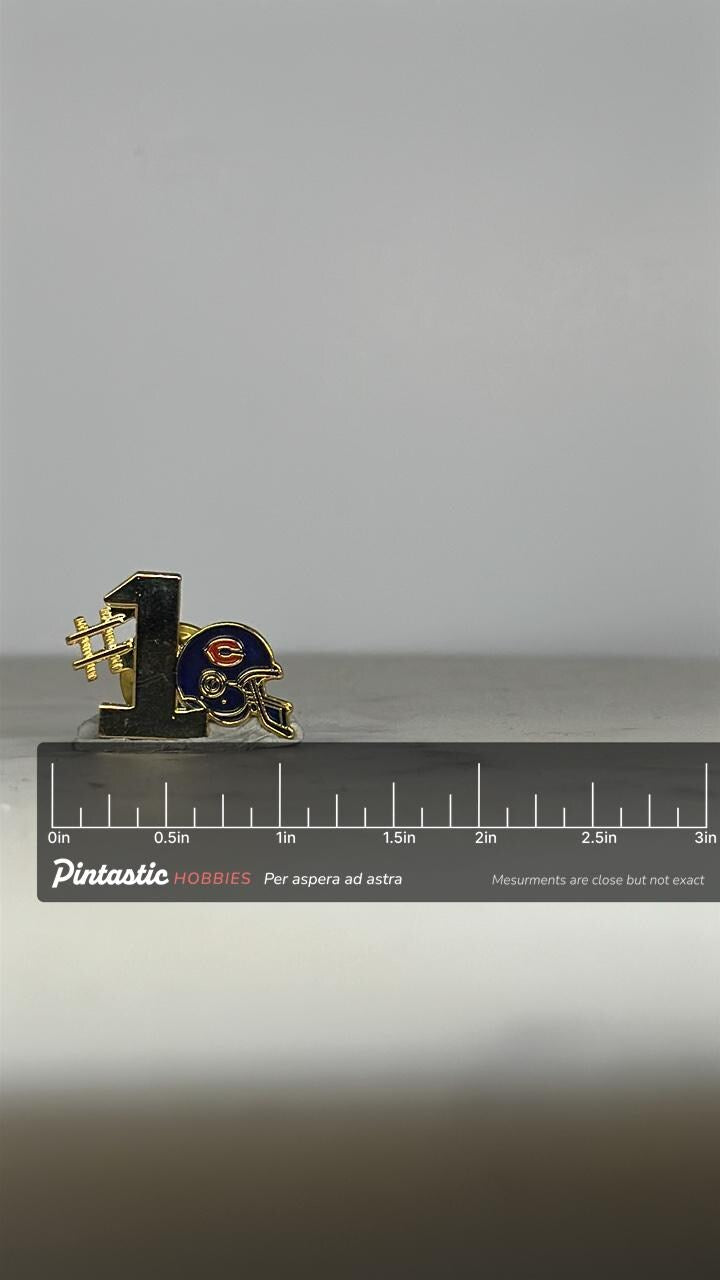 Chicago Bears Football Pin: Gold & Navy Enamel - Vintage Sports Accessory with ruler overlay for size reference
