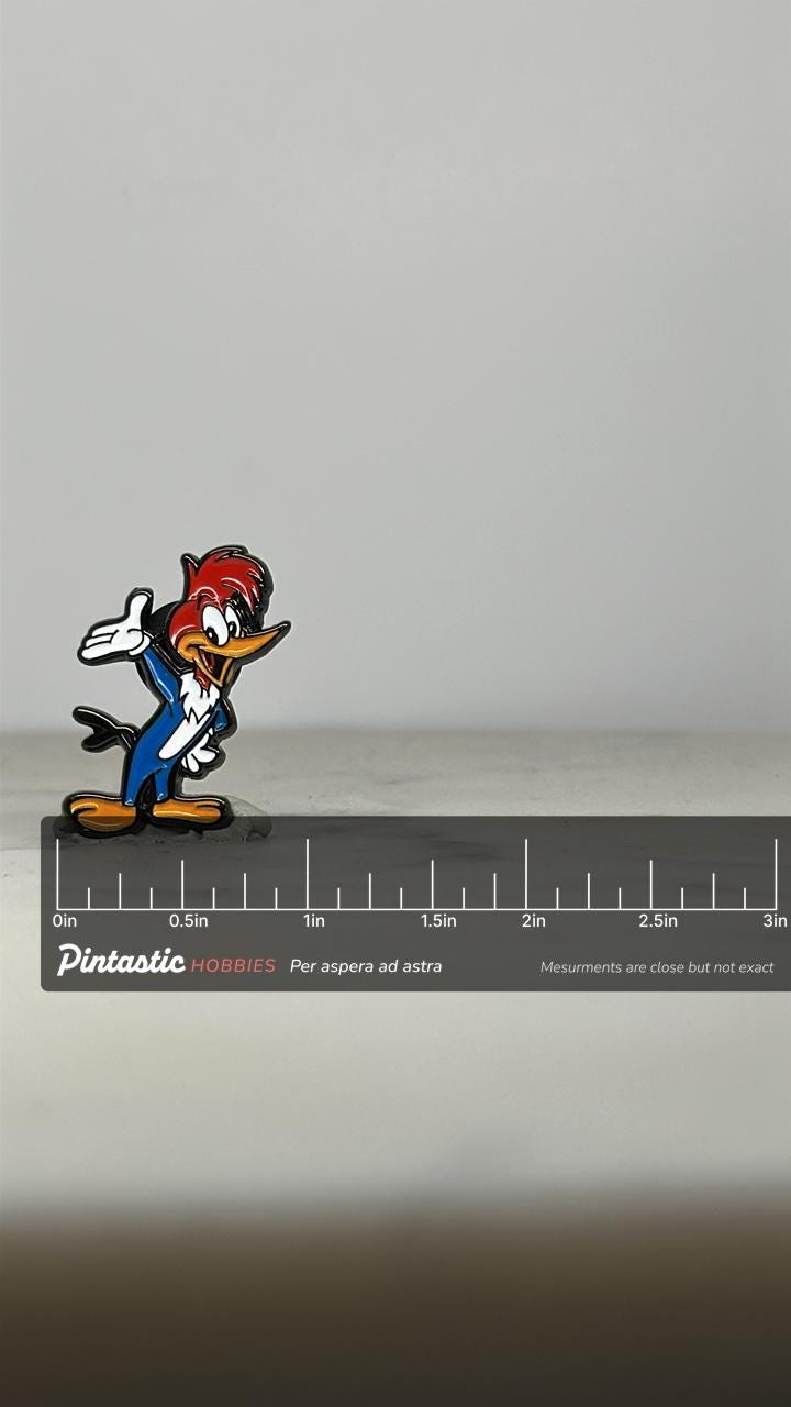 Woody Woodpecker Enamel Pin: Glossy Vintage Style - Cartoon Collectible Accessory with ruler overlay for size reference