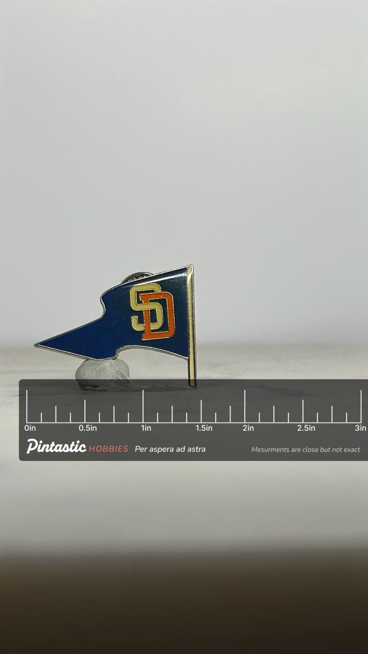 San Diego Padres Pennant Pin: Navy Enamel - Vintage Sports Accessory with ruler overlay for size reference