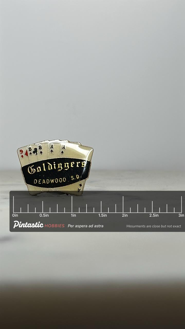 Golddiggers Deadwood SD Pin: Playing Card Style - Vintage Souvenir Accessory with ruler overlay for size reference