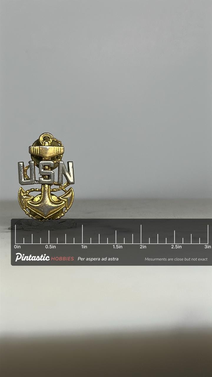 USN Navy Anchor Pin: Gold & Silver Metal Finish - Military Accessory with ruler overlay for size reference