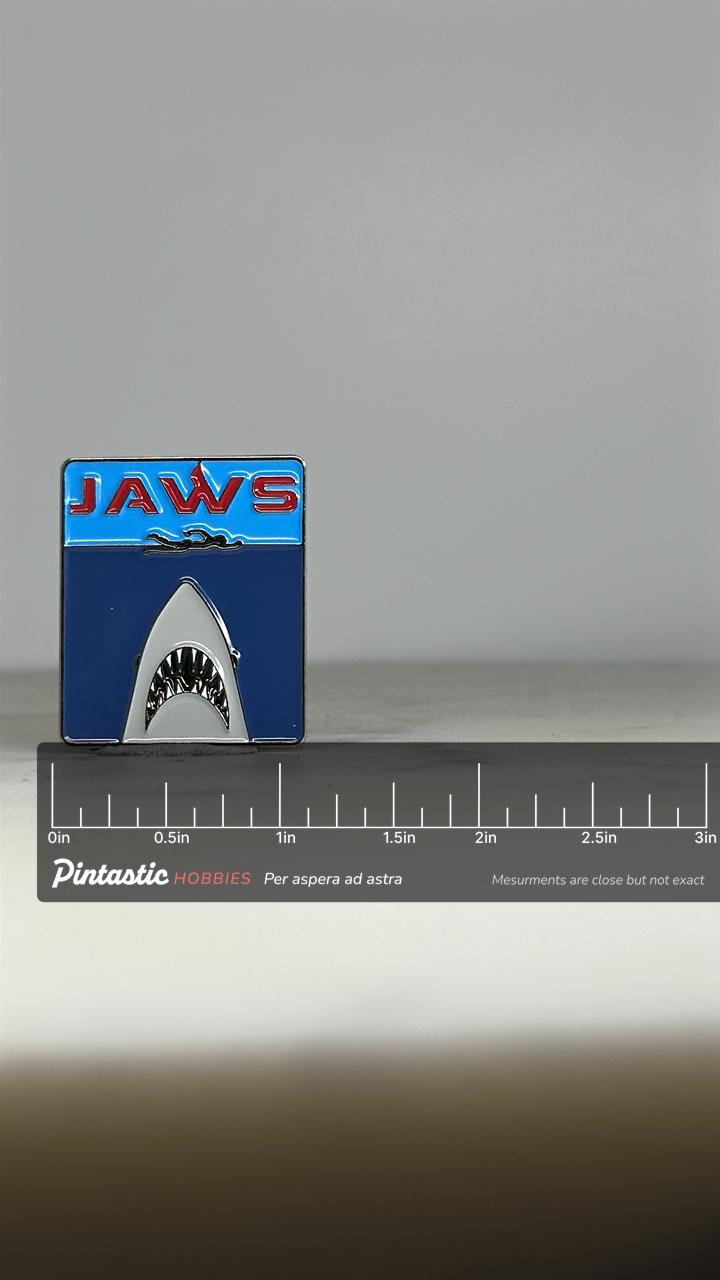Jaws Enamel Pin: Blue Silver Finish - Movie Collectible Accessory with ruler overlay for size reference
