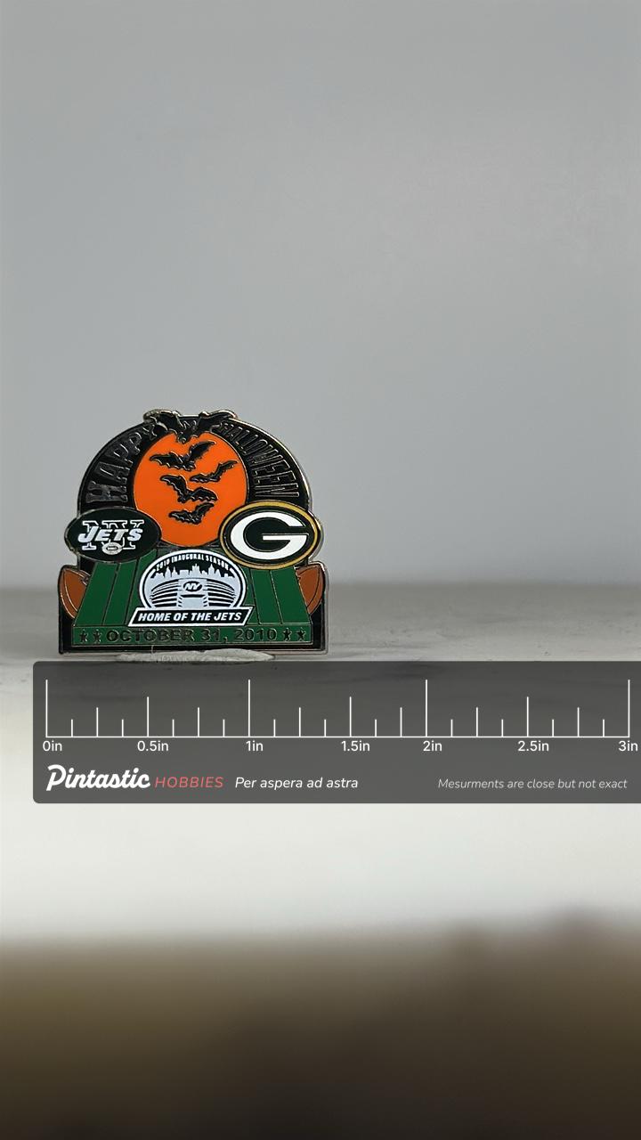 NFL Halloween Stadium Pin: Jets vs Packers Hard Enamel - 2010 Sports Accessory with ruler overlay for size reference