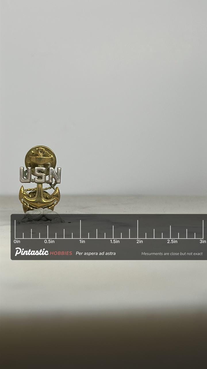 US Navy Anchor Pin: Gold & Silver Finish - Military Accessory with ruler overlay for size reference