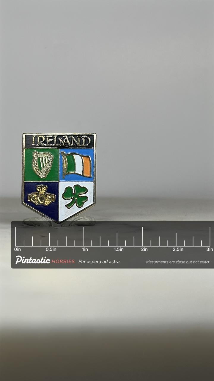 Ireland Shield Enamel Pin: Multicolor Crest Design - Vintage Travel Accessory with ruler overlay for size reference