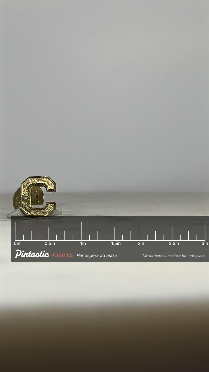 Letter C Enamel Pin: Gold Iridescent Sparkle - Vintage Monogram Accessory with ruler overlay for size reference