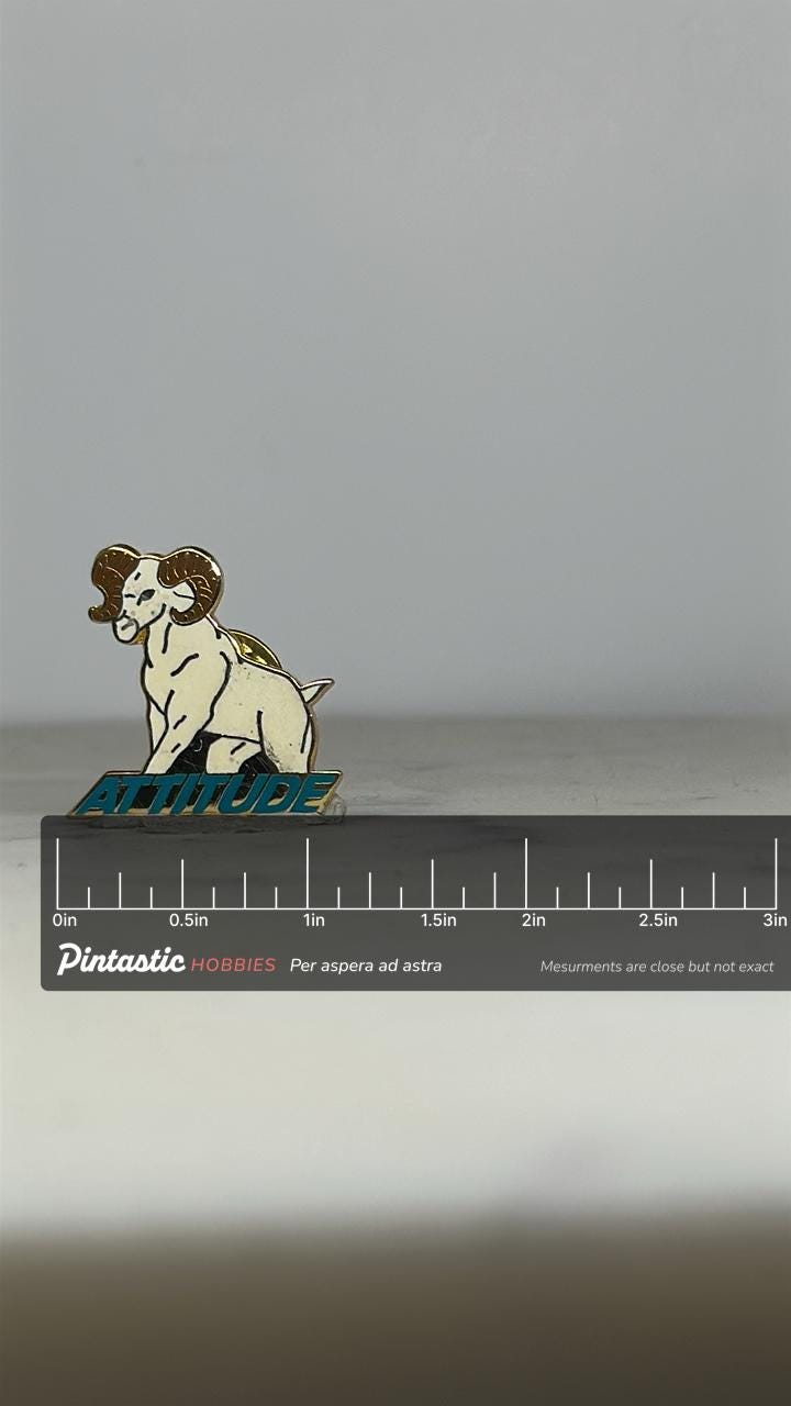 Ram Attitude Enamel Pin: White & Gold Finish - 90s Motivational Accessory with ruler overlay for size reference