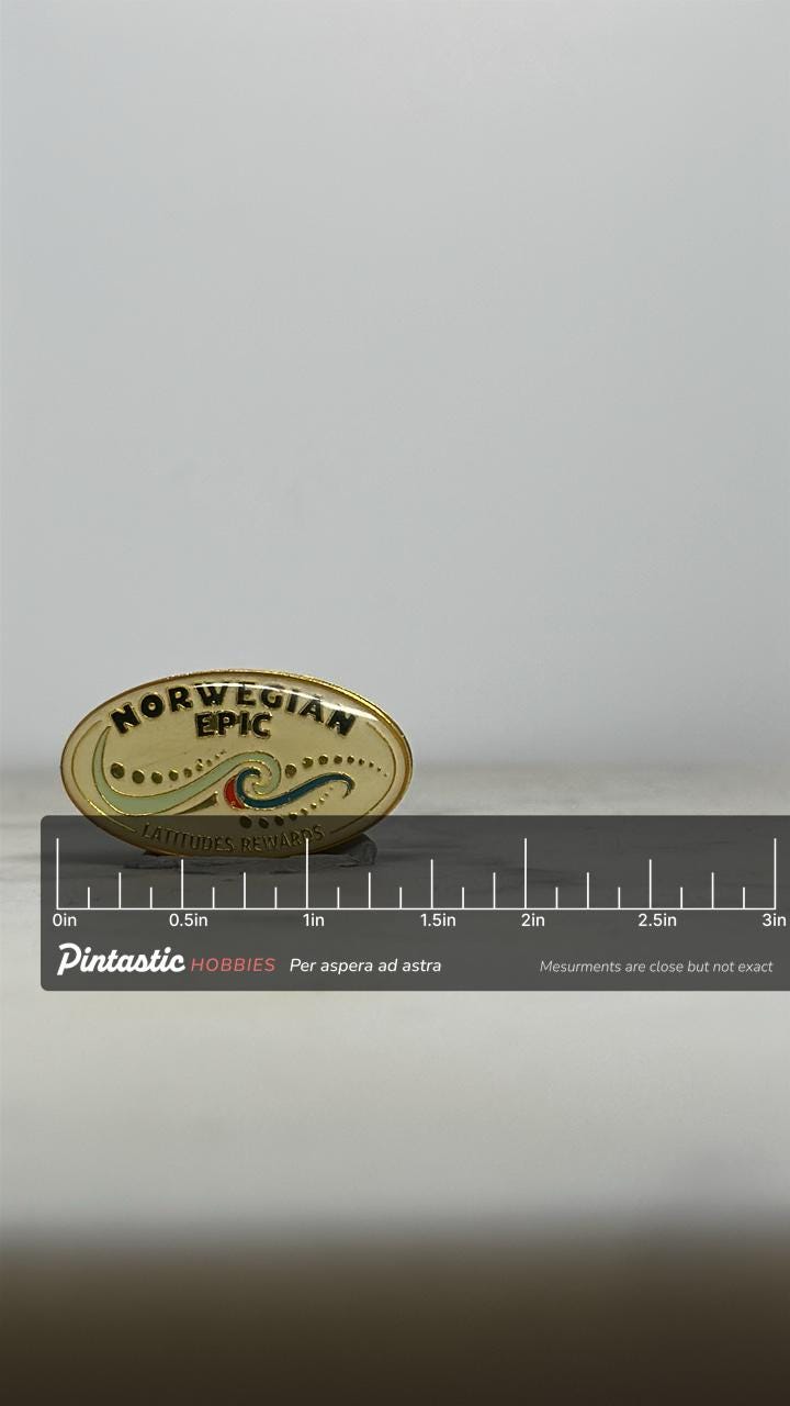 Norwegian Epic Cruise Pin: Gold Tone Enamel - Travel Rewards Accessory with ruler overlay for size reference