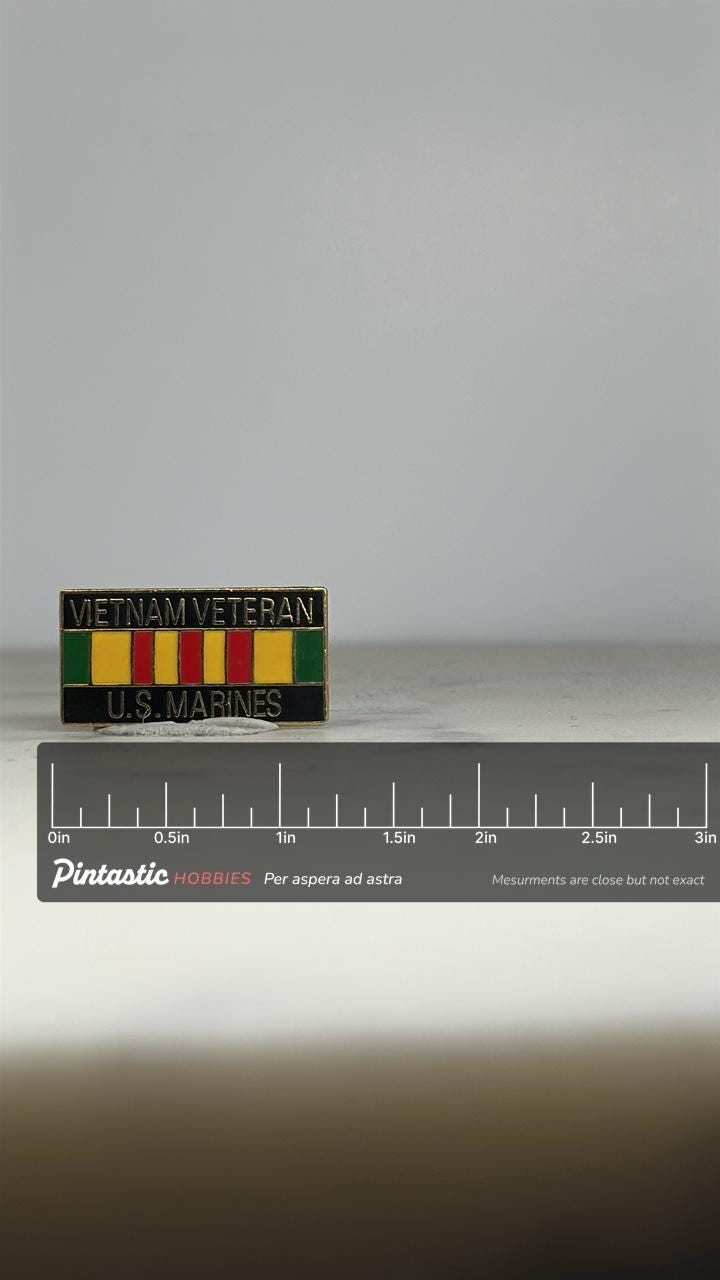 Vietnam Veteran U.S. Marines Pin: Multicolor Enamel - Military Tribute Accessory with ruler overlay for size reference