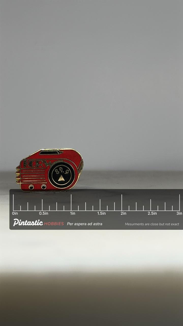 KCRW Radio Enamel Pin: Retro Red Gold Finish - Music Collectible Accessory with ruler overlay for size reference