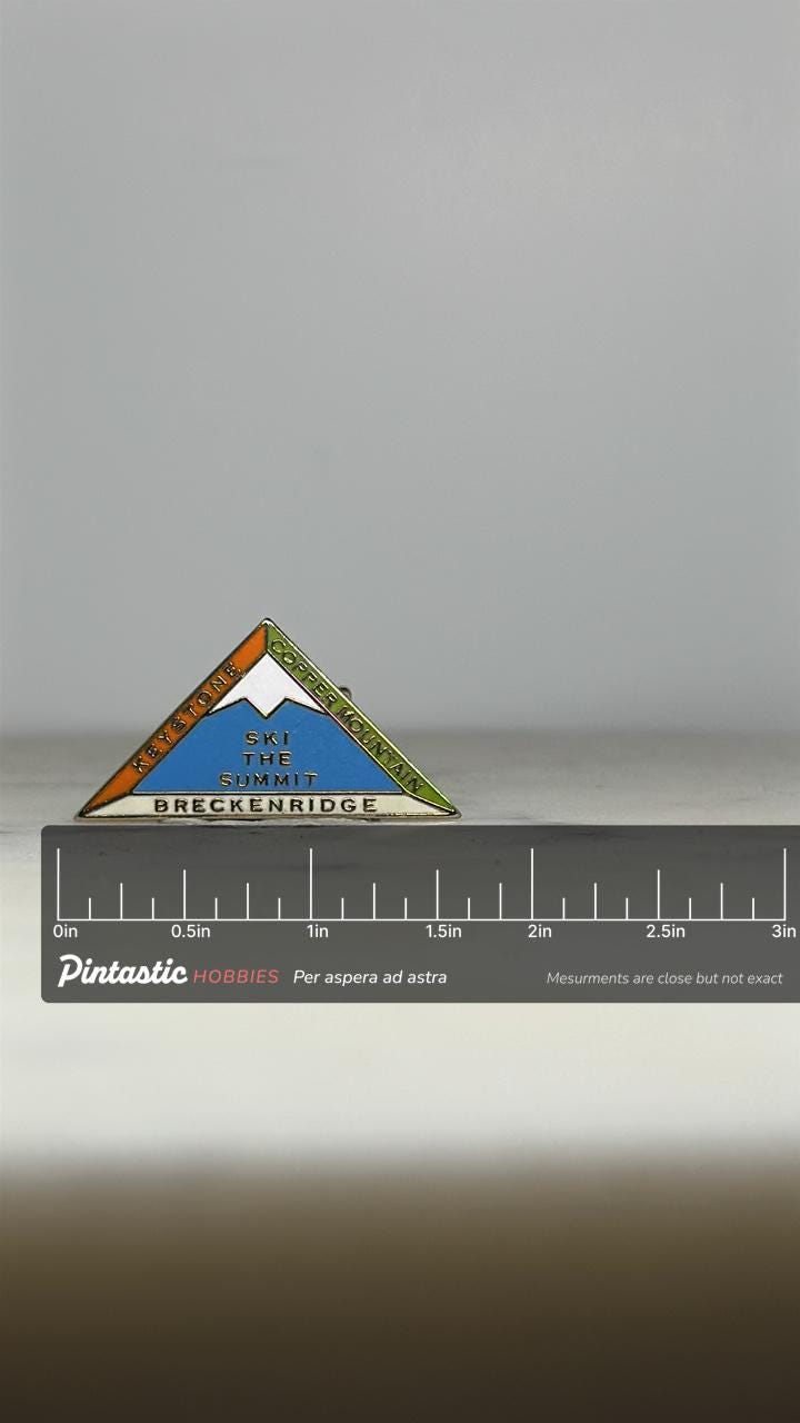 Breckenridge Ski Summit Pin: Triangular Enamel - Vintage Colorado Accessory with ruler overlay for size reference