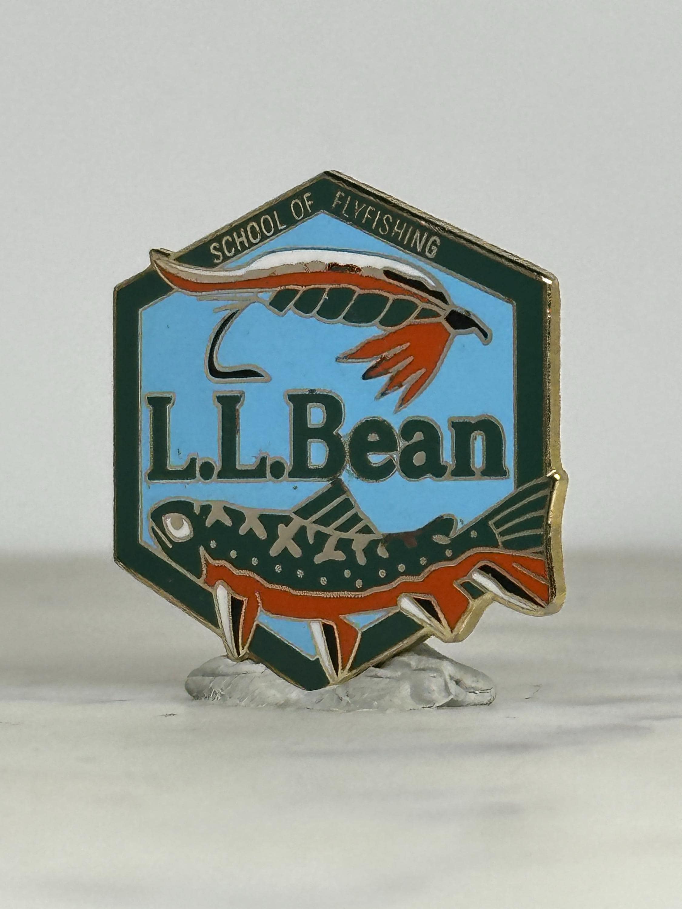 L.L. Bean Fly Fishing Pin: Enamel Hexagon Badge - Outdoor School Accessory