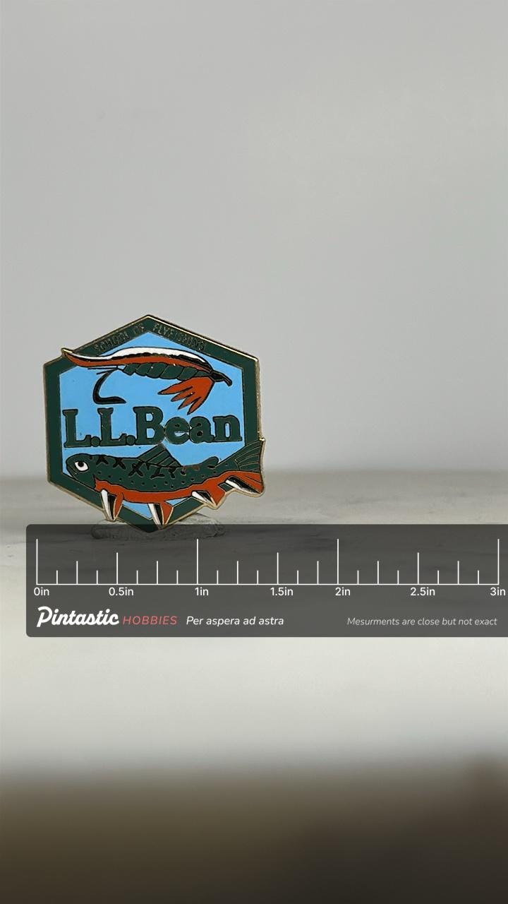 L.L. Bean Fly Fishing Pin: Enamel Hexagon Badge - Outdoor School Accessory with ruler overlay for size reference