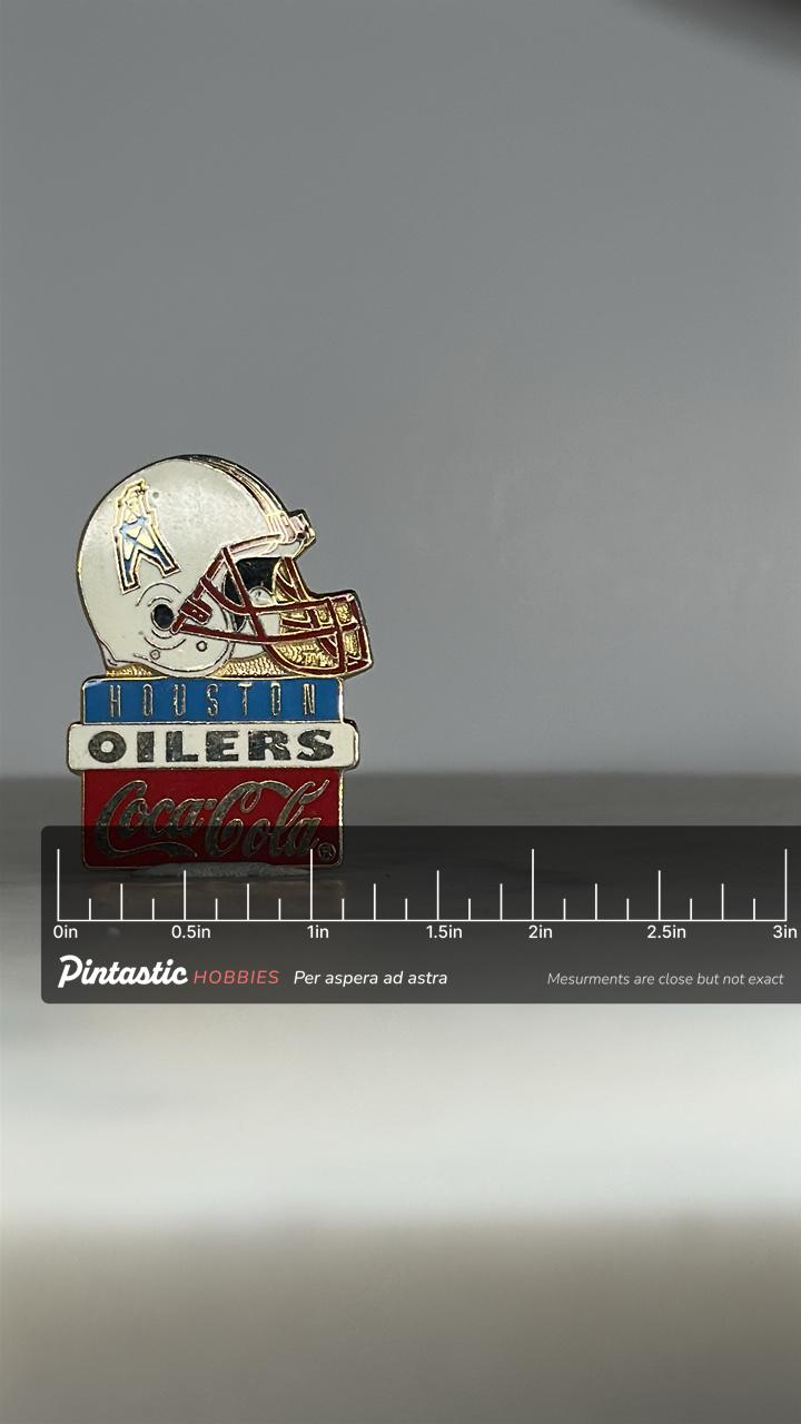 Houston Oilers Football Pin: Red/White/Blue Enamel - Vintage Sports Accessory with ruler overlay for size reference
