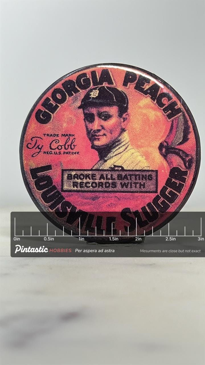 Ty Cobb Baseball Pin: Vintage Style - Sports Memorabilia Accessory with ruler overlay for size reference