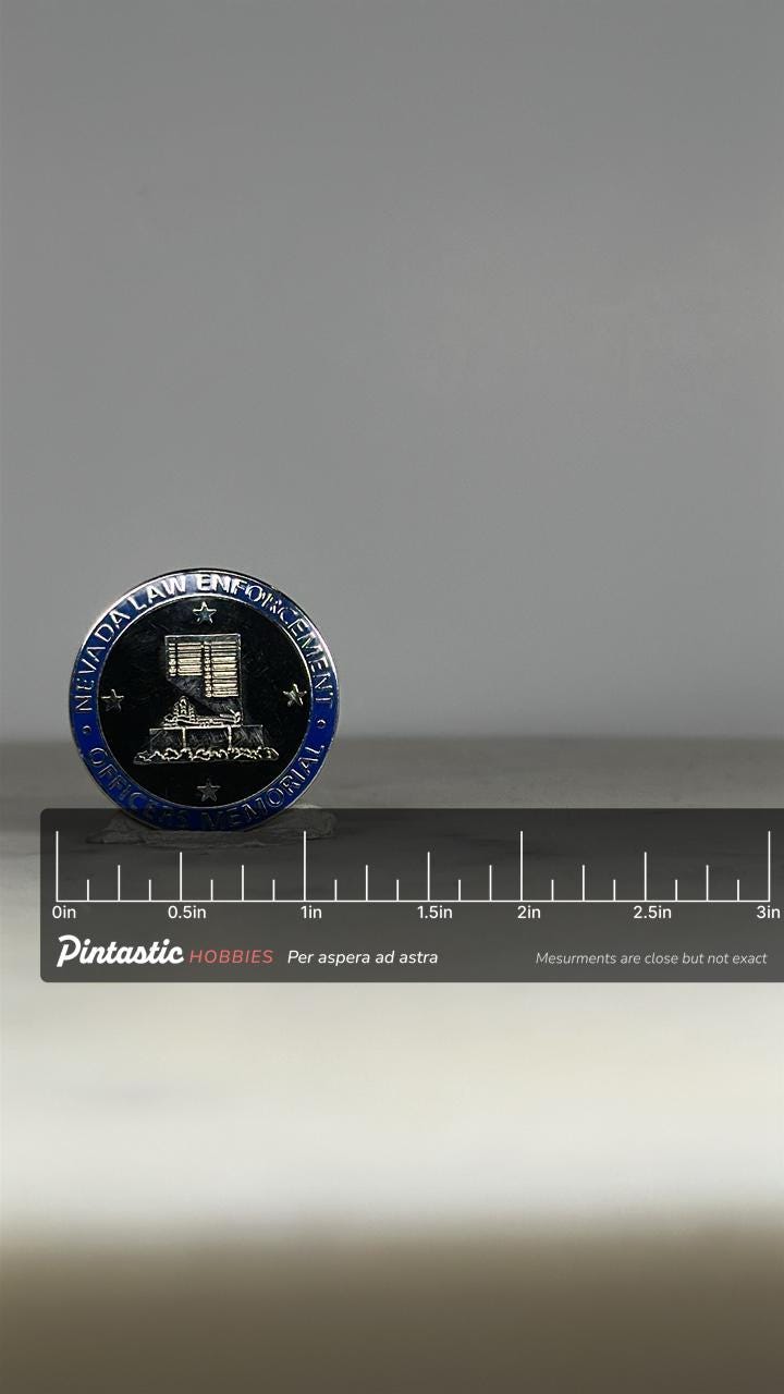 Nevada Law Enforcement Memorial Pin: Black Silver Blue - Tribute Accessory with ruler overlay for size reference