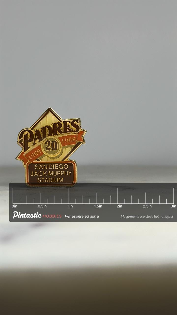 Padres Stadium Pin: Gold & Brown Enamel - 1980s Sports Accessory with ruler overlay for size reference