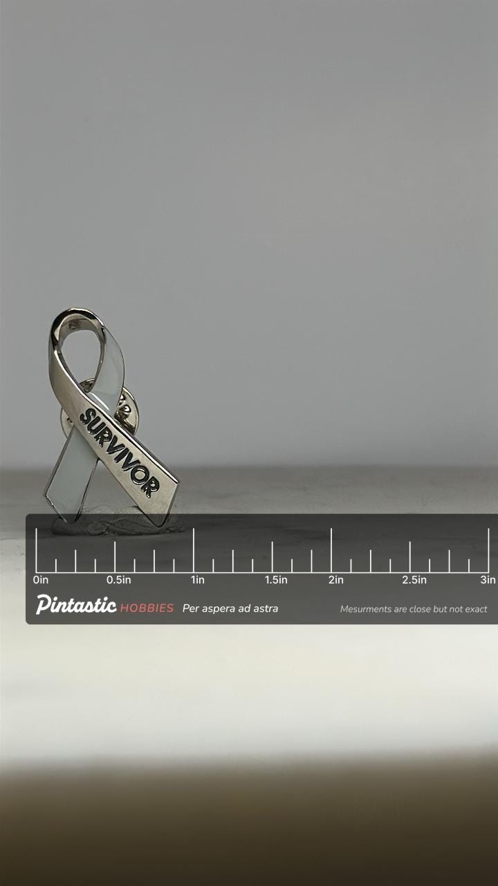 Survivor Awareness Ribbon Pin: Silver & White Enamel - Supportive Accessory with ruler overlay for size reference