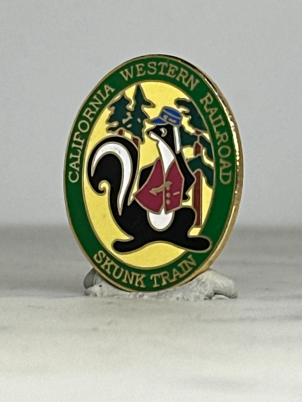 Skunk Train Railroad Enamel Pin: Green Gold Finish - Vintage Travel Accessory