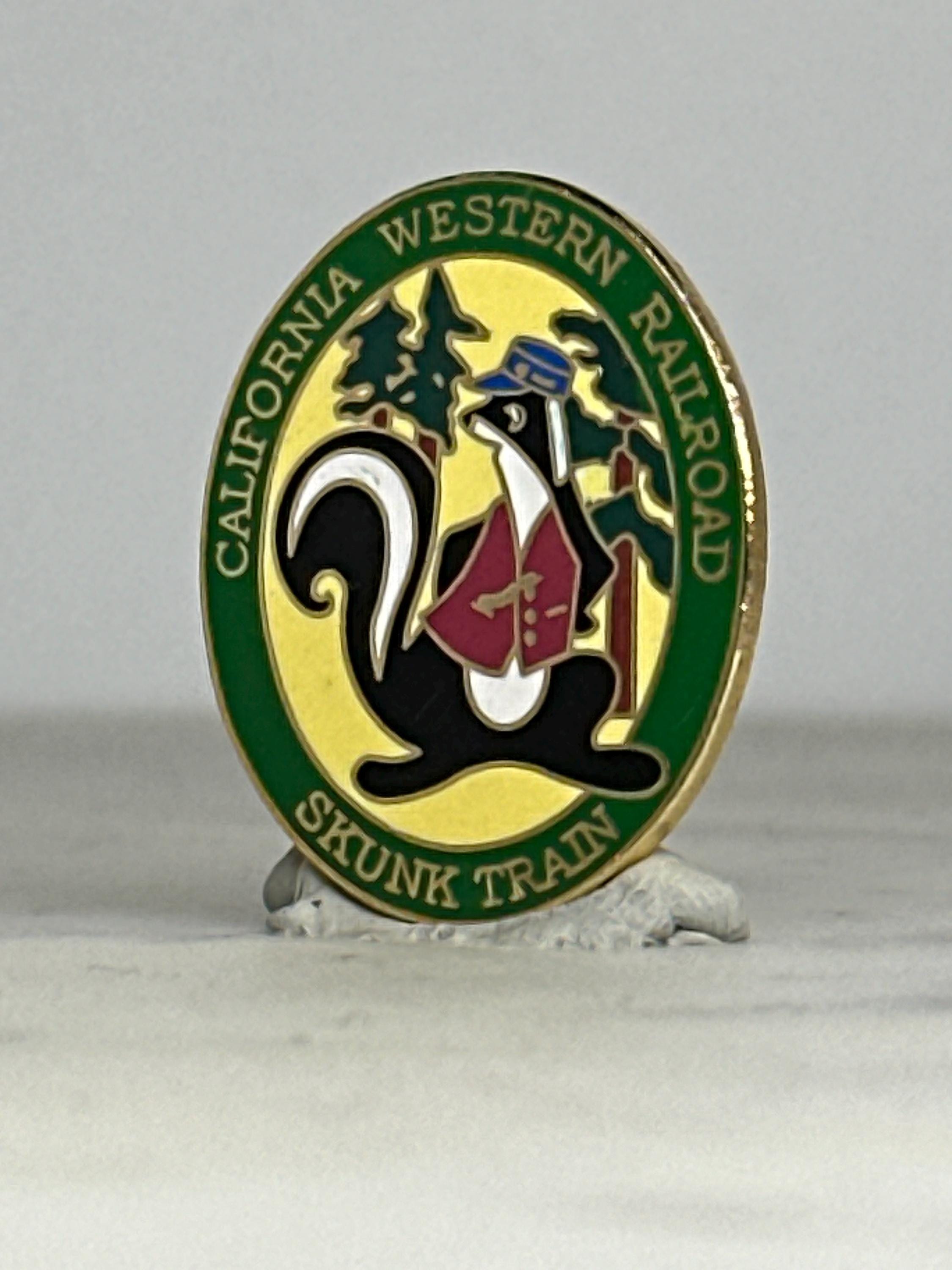 Skunk Train Railroad Enamel Pin: Green Gold Finish - Vintage Travel Accessory