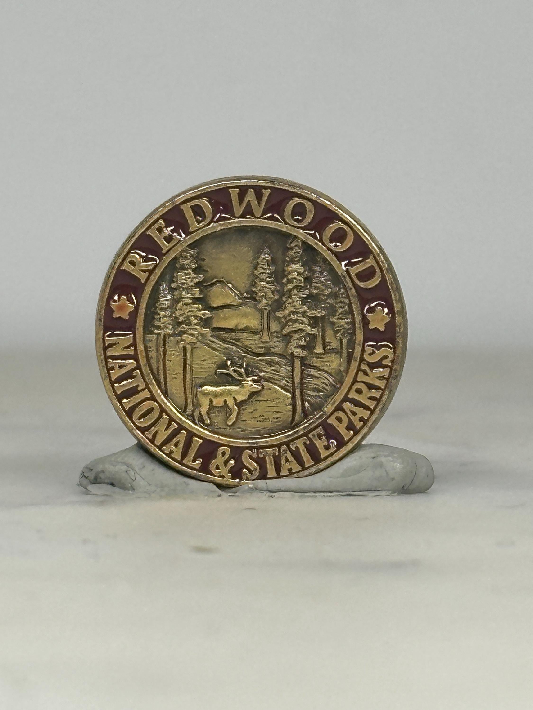 Redwood National Park Pin: Bronze Red Enamel - Vintage Nature Accessory