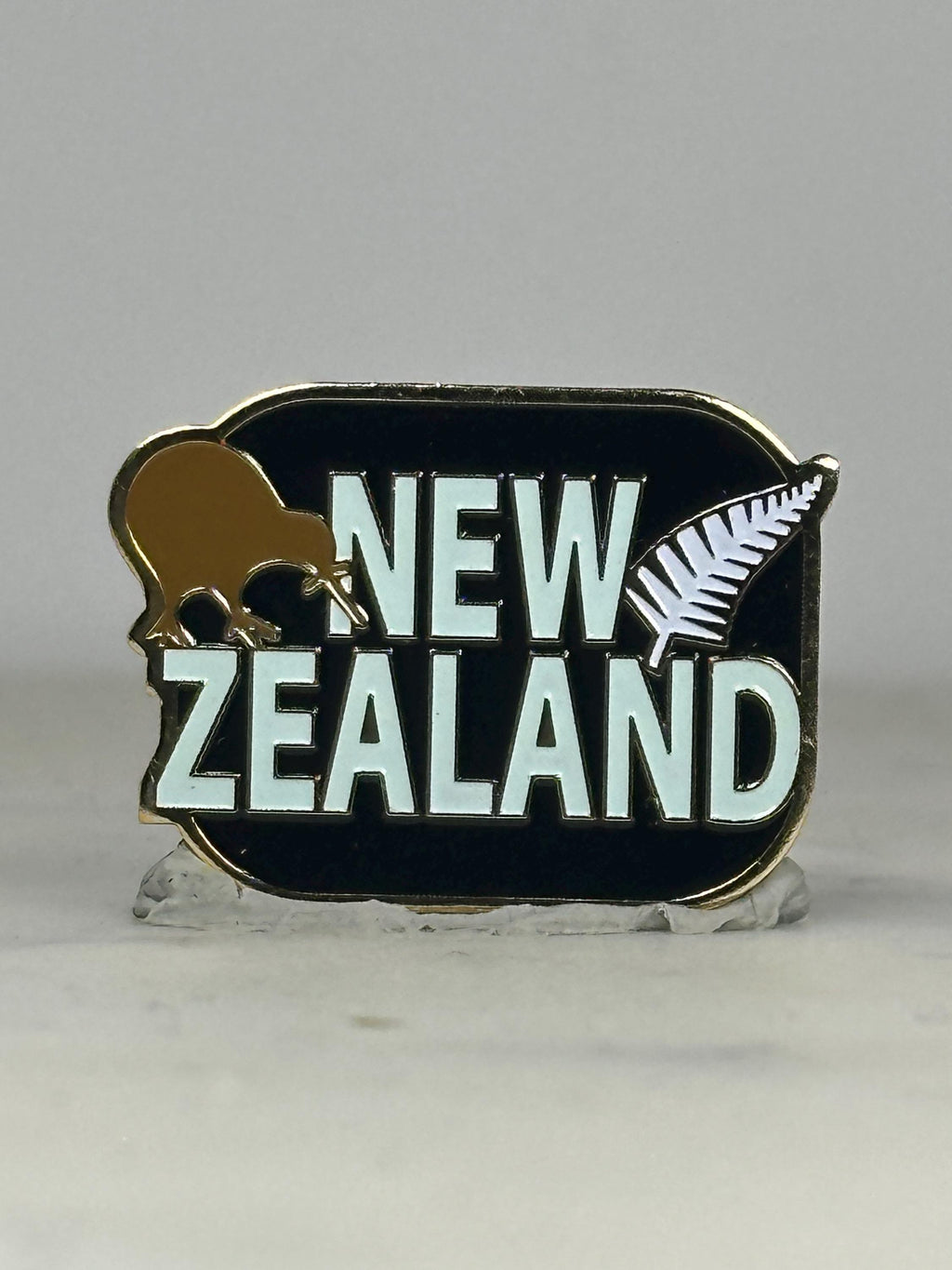 New Zealand Souvenir Pin: Black Enamel with Kiwi & Fern - Travel Accessory