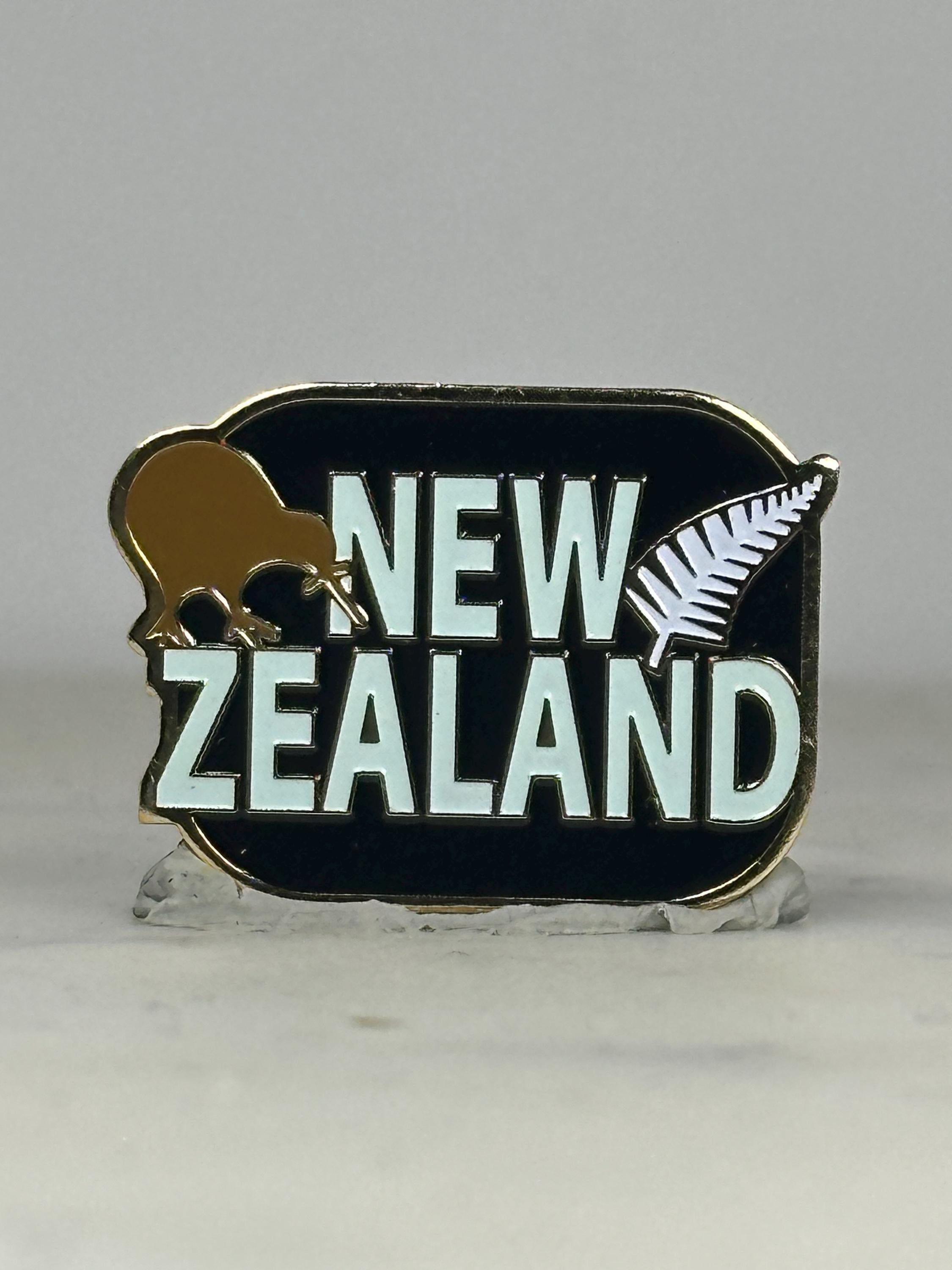 New Zealand Souvenir Pin: Black Enamel with Kiwi & Fern - Travel Accessory