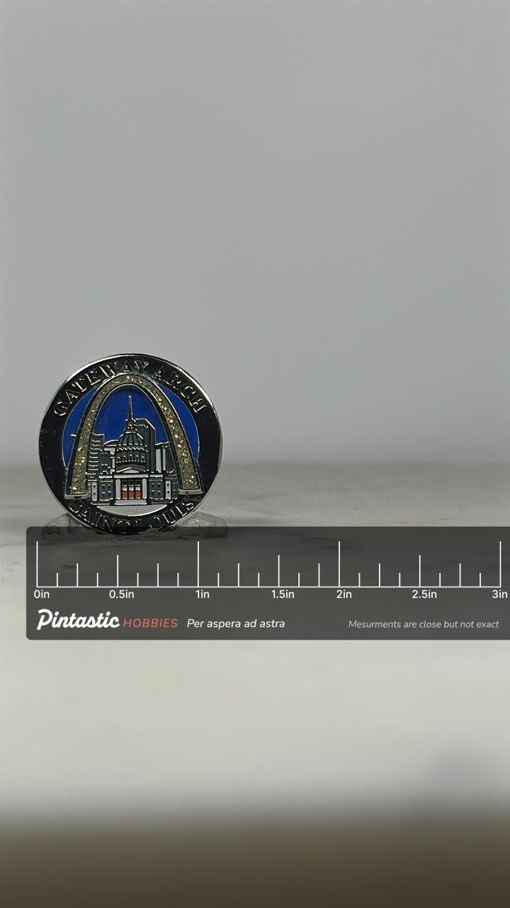 Gateway Arch Souvenir Pin: Silver & Glitter Accent - St. Louis Landmark Accessory with ruler overlay for size reference
