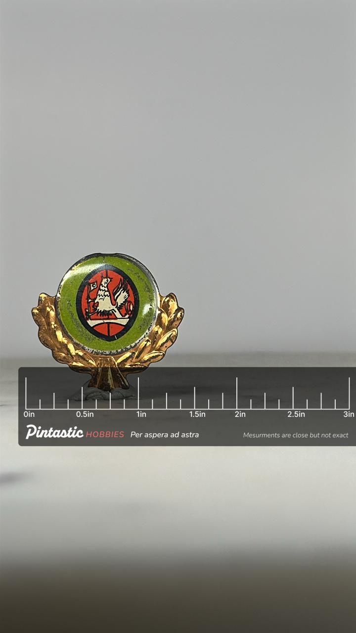 Vintage Vauxhall Motors Griffin Pin – 1950s Enamel British Car Emblem with ruler overlay for size reference