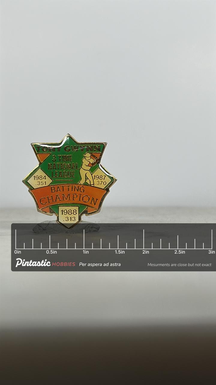 Tony Gwynn Baseball Pin: Green/Gold Enamel - 1980s Sports Accessory with ruler overlay for size reference