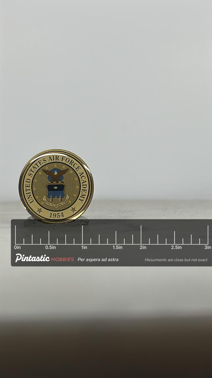 United States Air Force Academy Pin: Gold Crest Finish - Military 1954 Accessory with ruler overlay for size reference