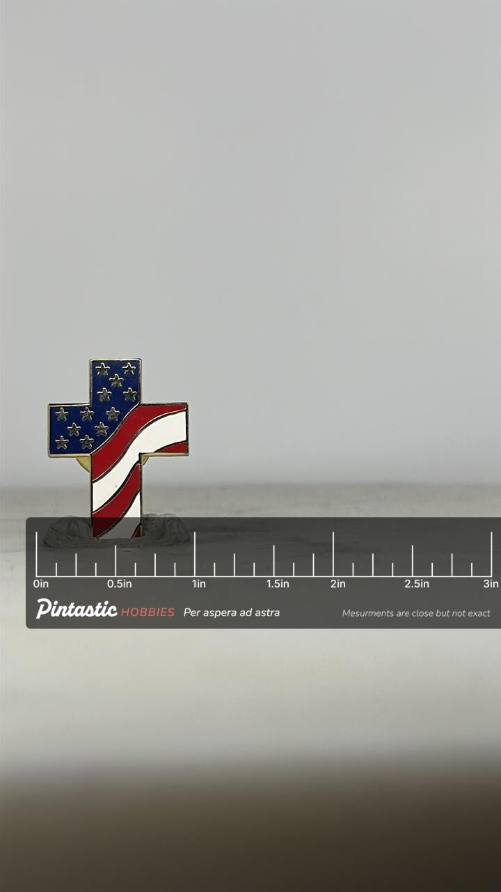 American Flag Cross Pin: Patriotic Red White Blue - Faith & Freedom Accessory with ruler overlay for size reference