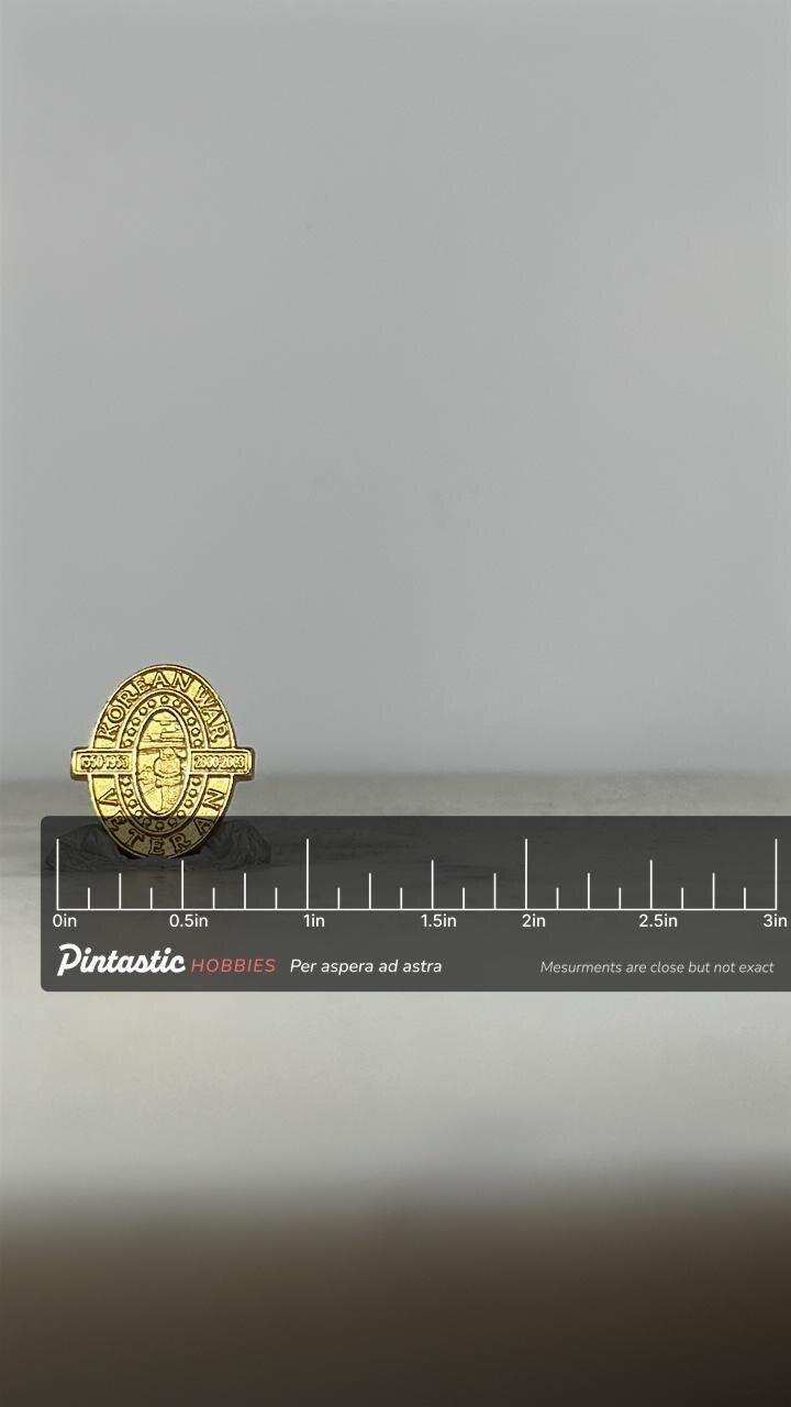 Korean War Veteran Pin: Gold Tone Oval - Military Commemorative Accessory with ruler overlay for size reference