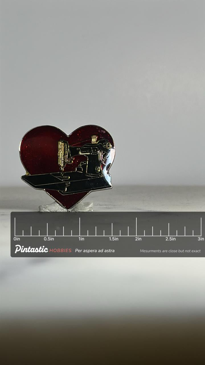 Sewing Machine Enamel Pin: Red Heart Glitter Finish - Retro Crafter Accessory with ruler overlay for size reference
