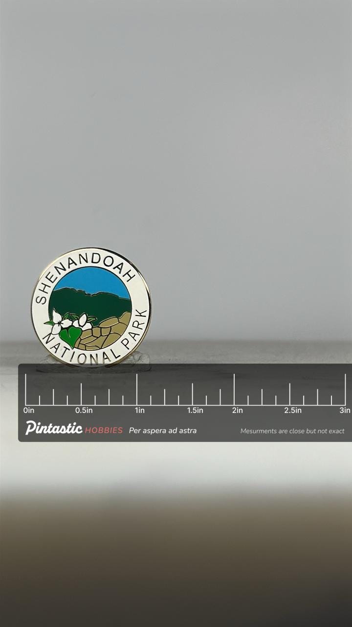 Shenandoah National Park Pin: White Enamel Finish - Nature Travel Accessory with ruler overlay for size reference