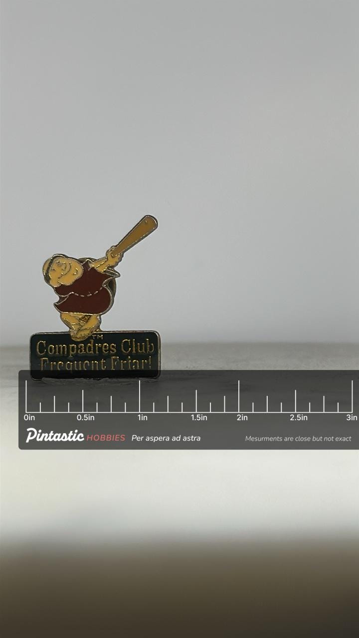 San Diego Padres Baseball Pin: Enamel Vintage Friar - 1990s Accessory with ruler overlay for size reference