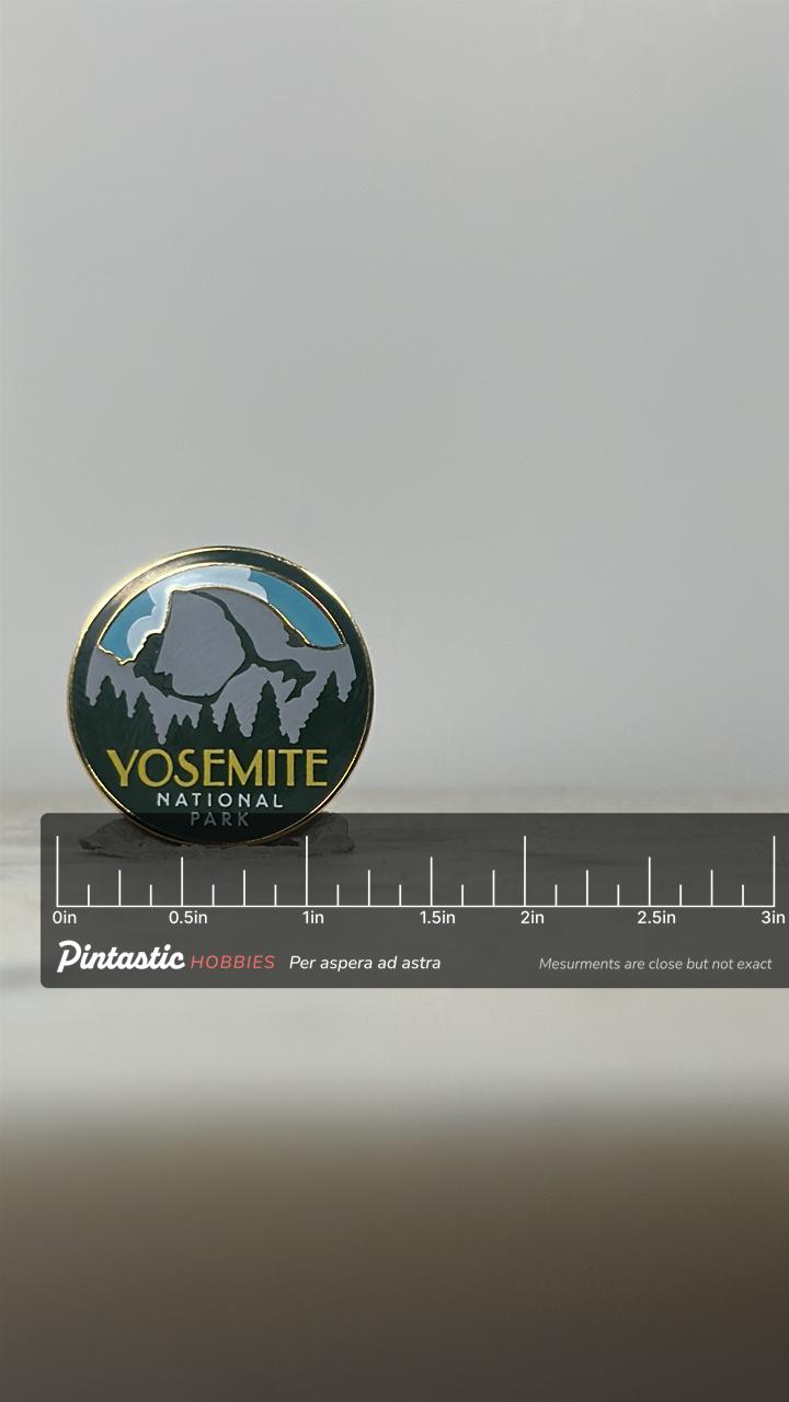 Yosemite National Park Pin: Round Enamel Gold Trim - Nature Explorer Accessory with ruler overlay for size reference