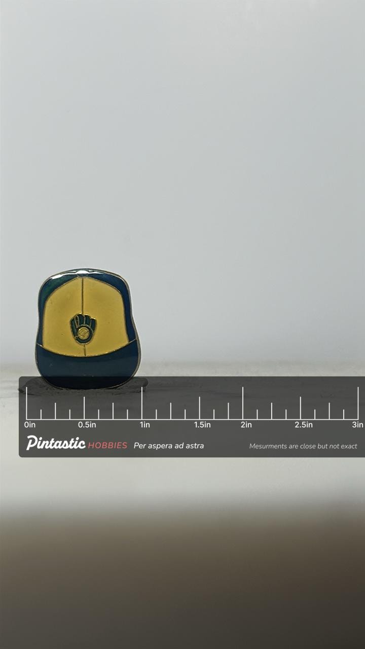 Milwaukee Brewers Hat Pin: Yellow & Navy Enamel - Vintage Sports Accessory with ruler overlay for size reference