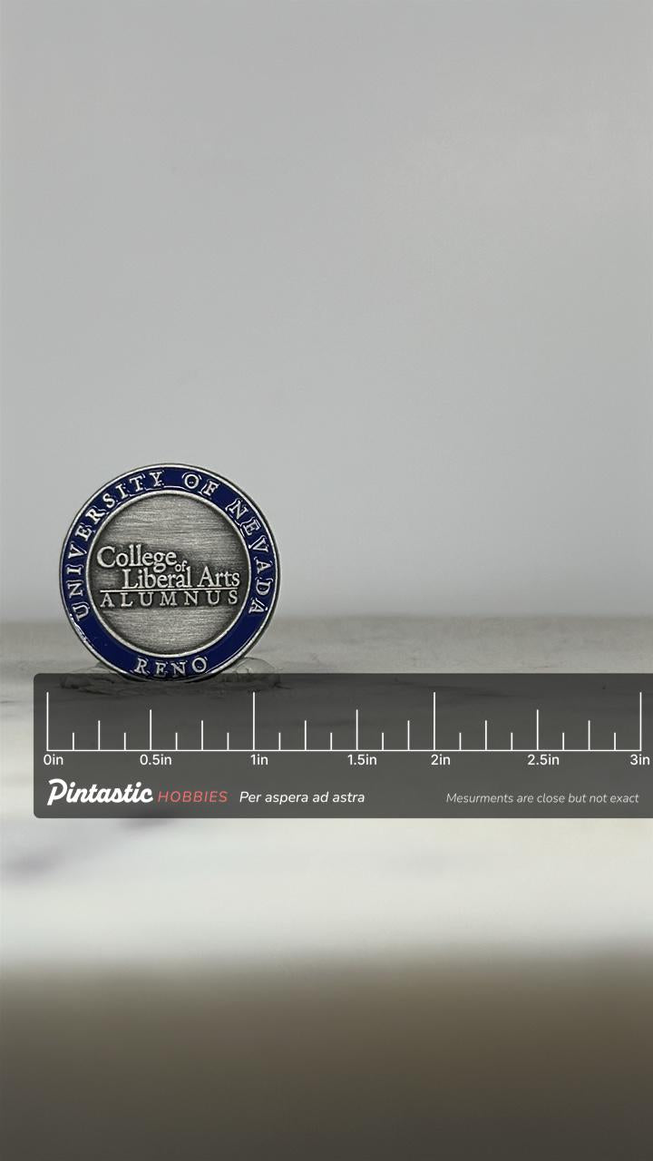 University of Nevada Alumnus Pin: Silver Blue Enamel - College Pride Accessory with ruler overlay for size reference