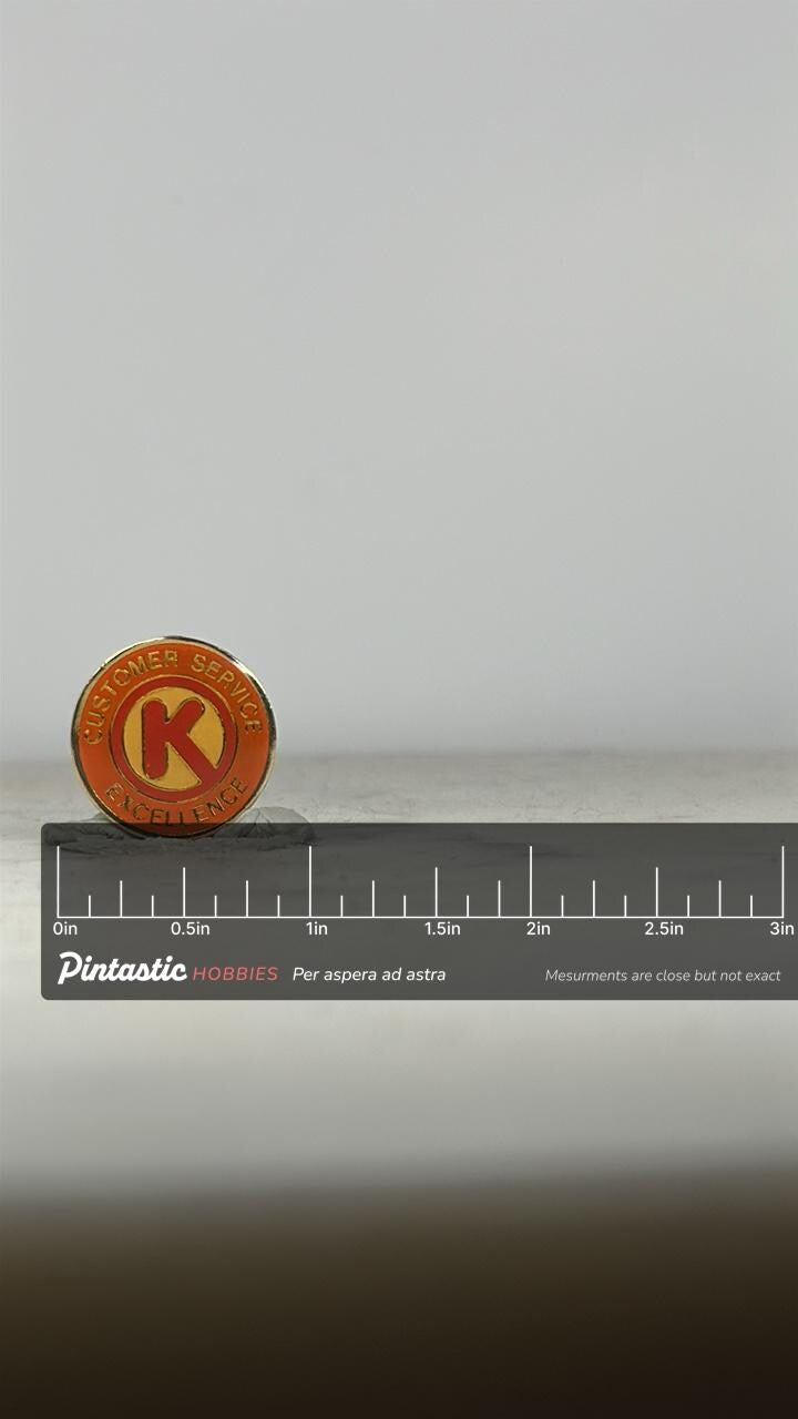 Circle K Customer Service Pin: Red Yellow Enamel - Vintage Company Accessory with ruler overlay for size reference