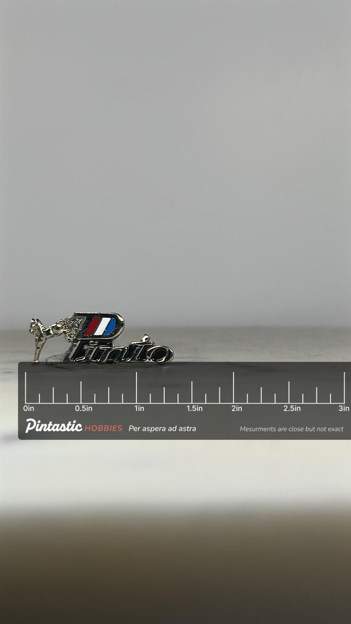Ford Pinto Car Pin: Silver with Red White Blue - Vintage Auto Accessory with ruler overlay for size reference