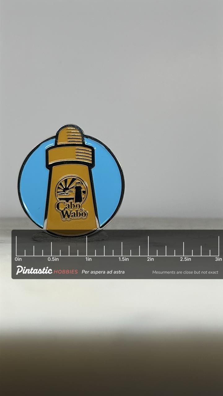 Vintage Cabo Wabo Cantina Pin – Sammy Hagar Lighthouse Logo Enamel Lapel Pin with ruler overlay for size reference