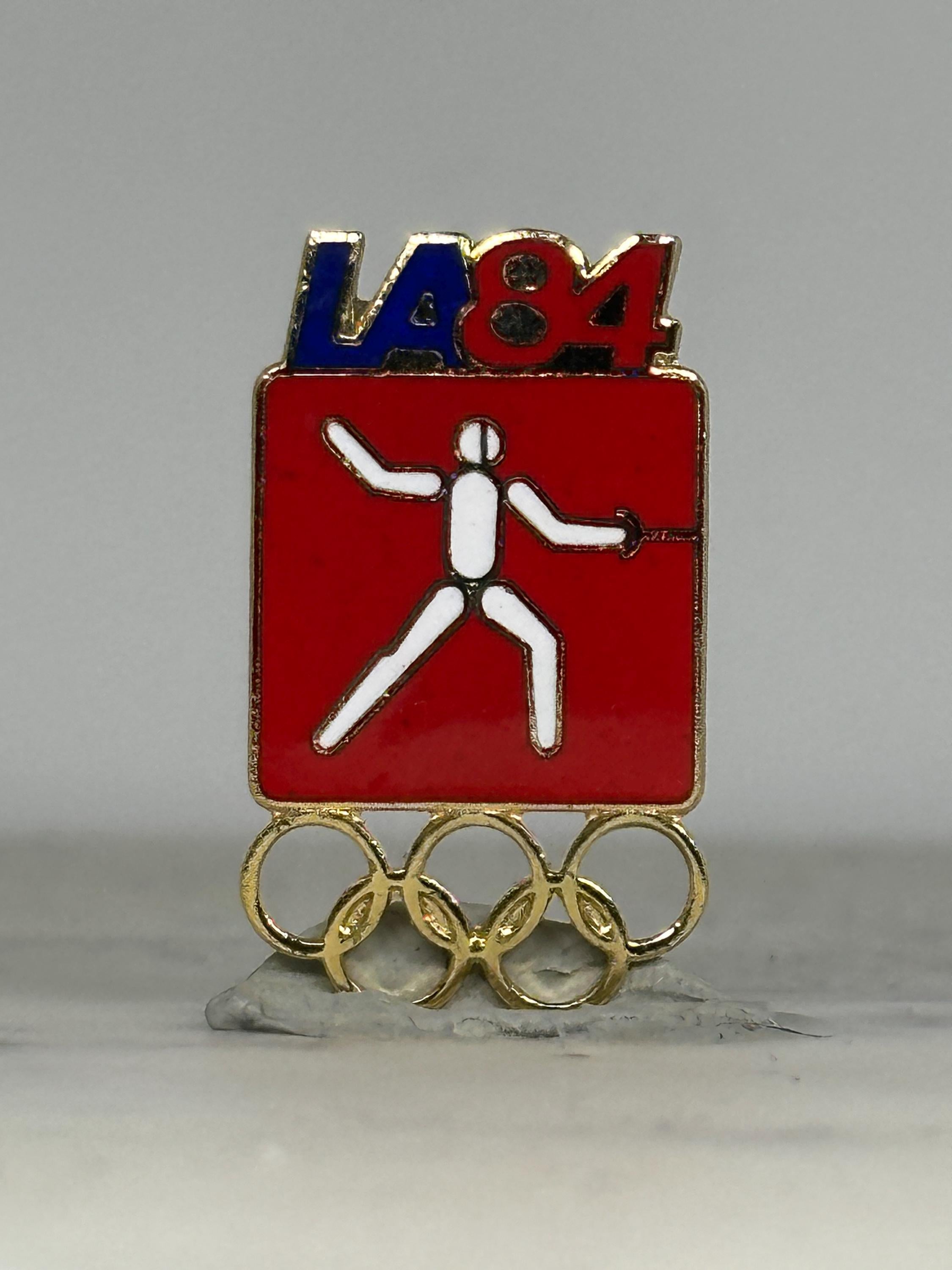 LA 1984 Olympic Fencing Pin: Red & Gold Enamel - Vintage Sports Accessory