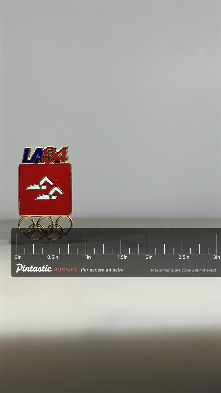 LA 1984 Olympics Pin: Red Swimming Enamel - Vintage Sports Accessory with ruler overlay for size reference